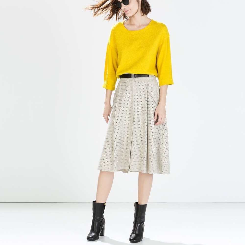 Zara Perforated Grey Midi Skirt Small NWT